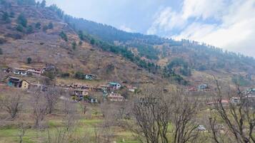 A rural village with houses on a hillside, surrounded by trees and open fields.