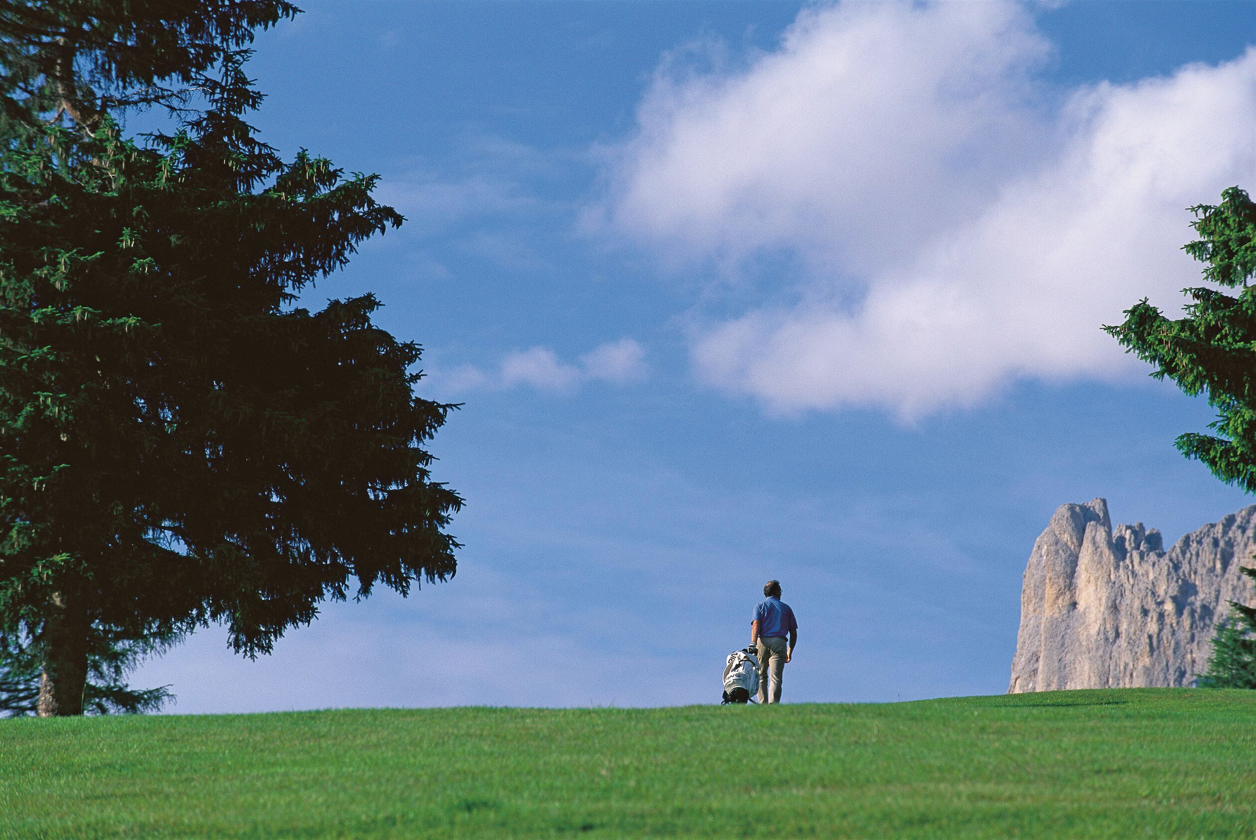 A person walking on a grassy hill with a backpack, a large tree, and a rock formation in the background.