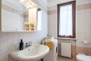 Shower, hair dryer, towels, toilet paper