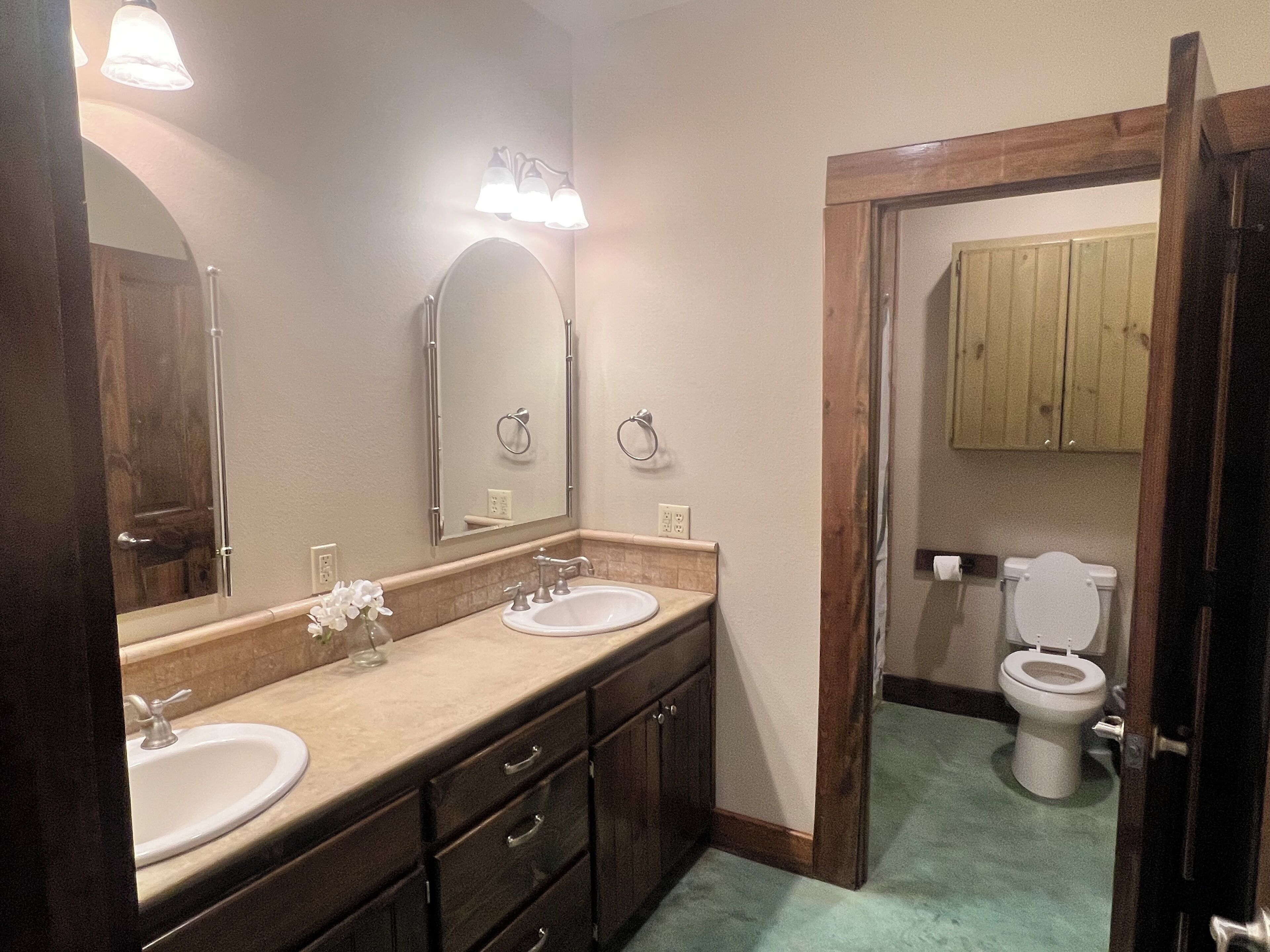 A bathroom with two sinks, a mirror, and a toilet.