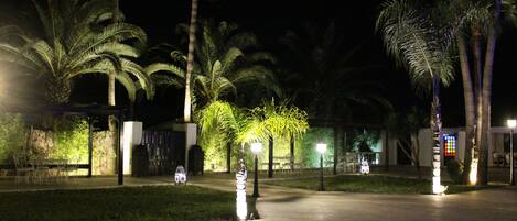 Un espacio al aire libre iluminado por la noche, con palmeras, un sendero pavimentado y mobiliario exterior.