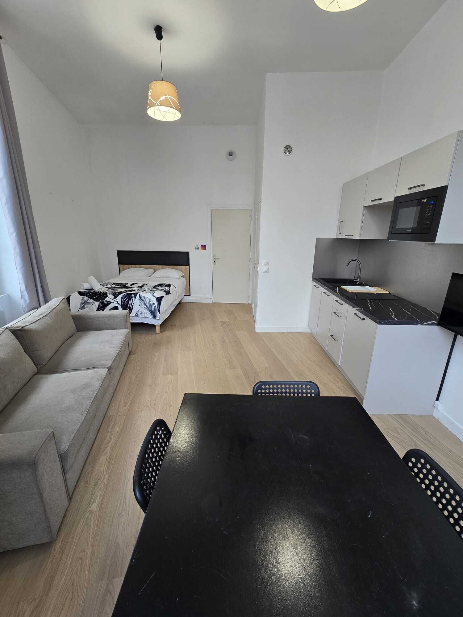 A compact living space with a bed, sofa, dining table, and kitchenette.