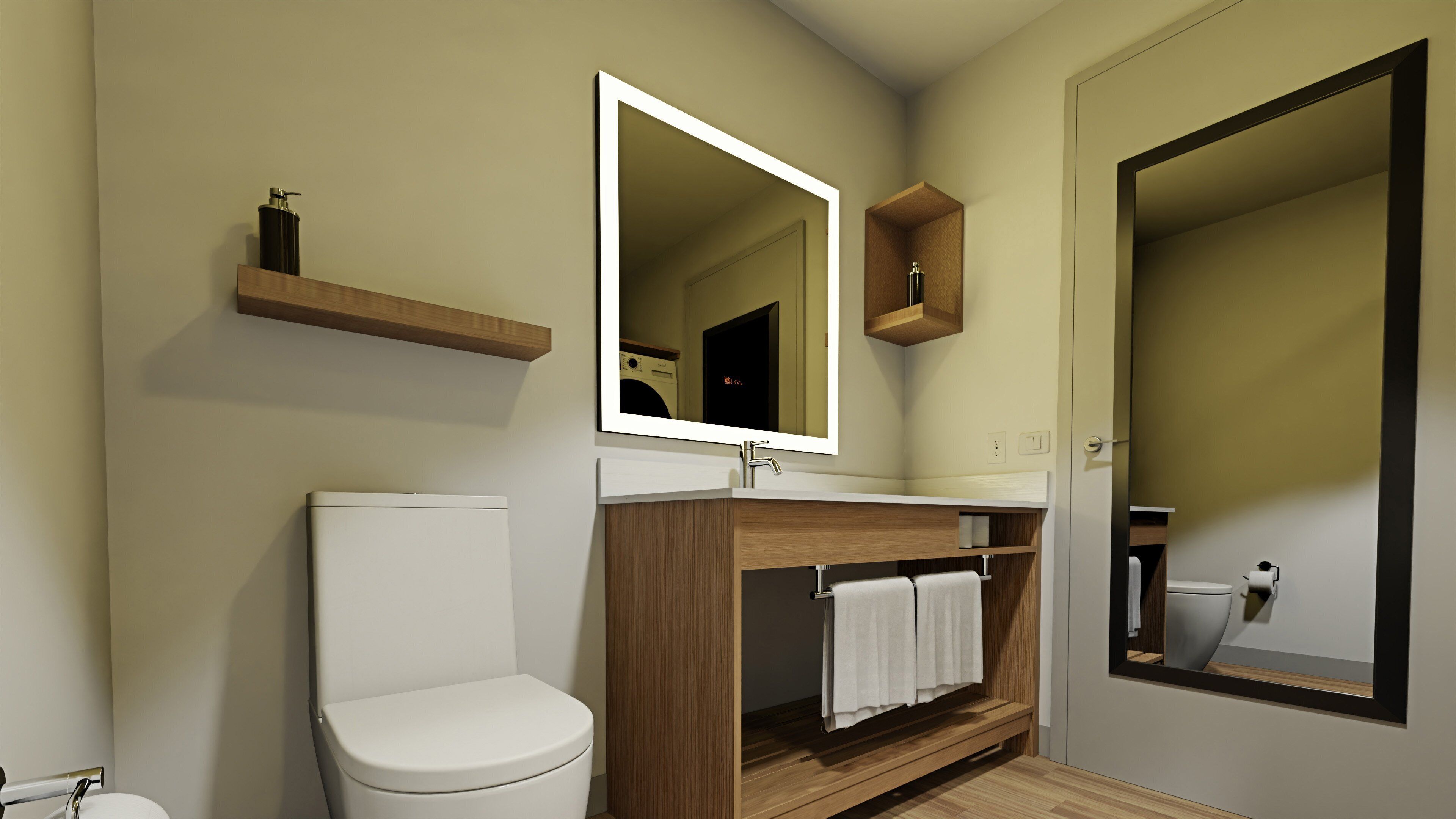 Dusche, umweltfreundliche Kosmetikartikel, Haartrockner, Handtücher