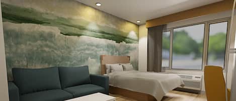 1 slaapkamer, een bureau, een laptopwerkplek, verduisterende gordijnen