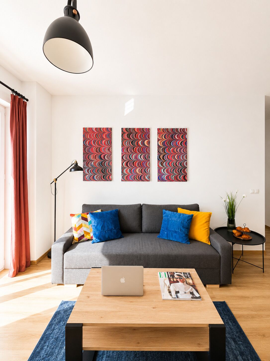 A modern living room with a grey sofa, colorful cushions, a wooden coffee table with a laptop, and abstract wall art.