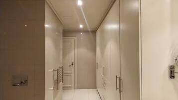 Hair dryer, towels, soap, toilet paper