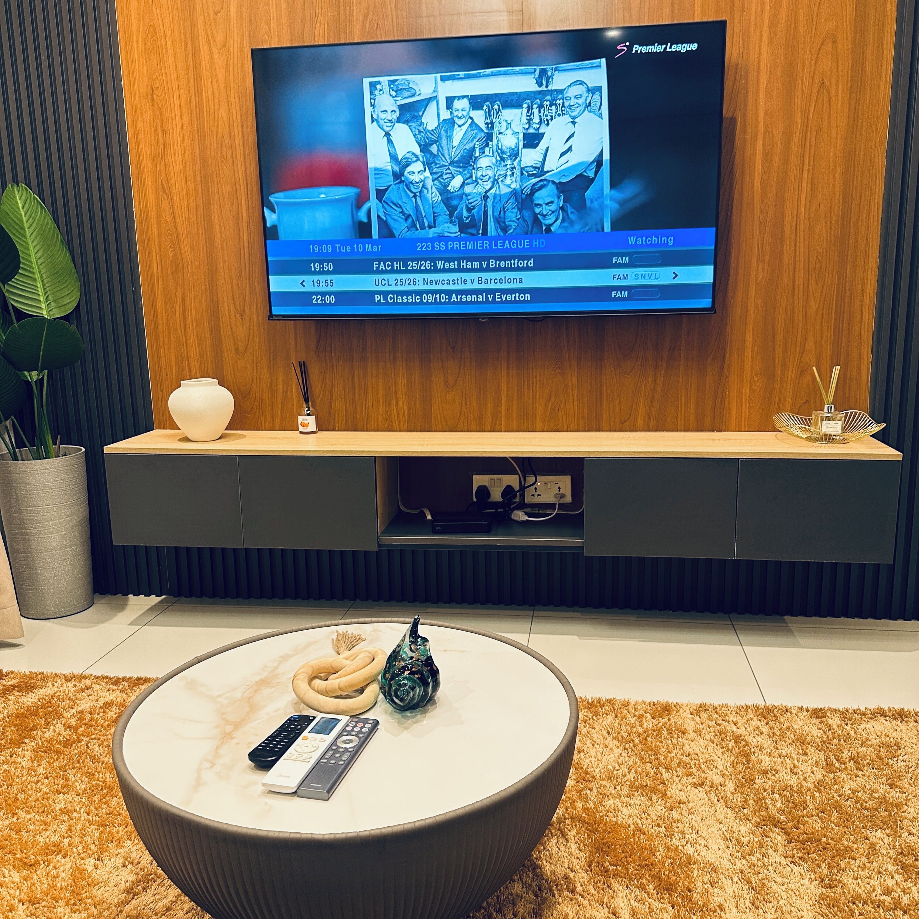 A modern living room with a flat-screen TV mounted on a wooden wall, a round coffee table with remote controls, and a potted plant.
