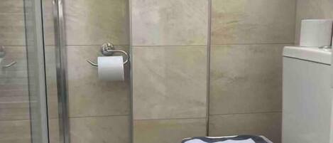 Un baño con cabina de ducha de vidrio, un inodoro y un cubo de basura.