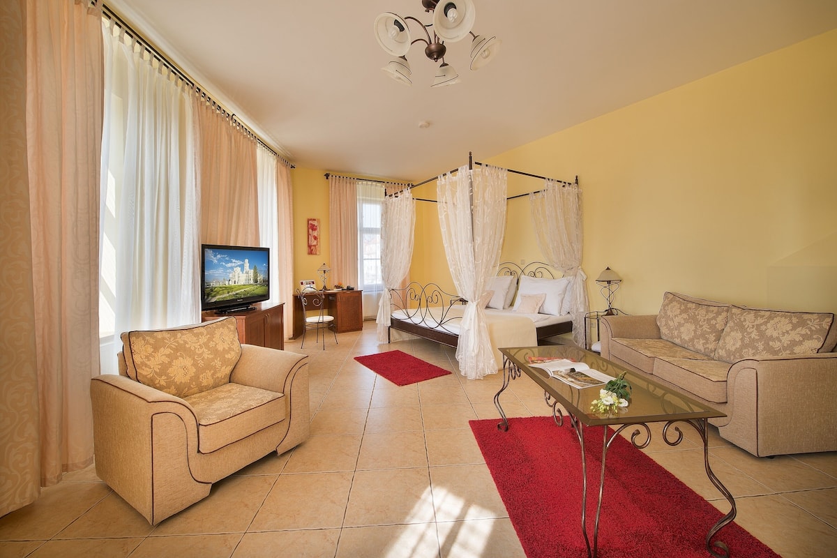 A living room with a sofa, a coffee table, a TV, and a bed with a canopy.