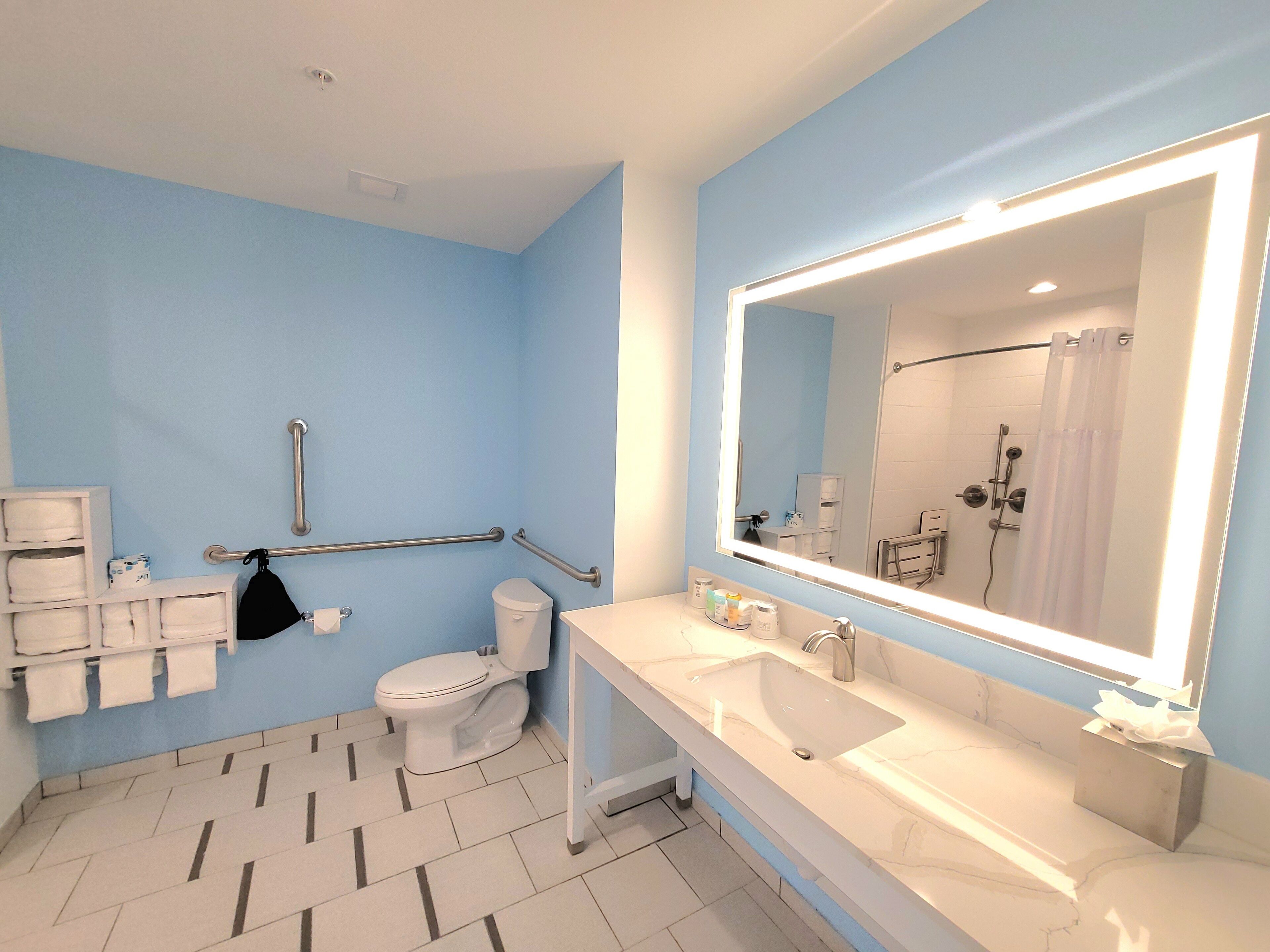 Un bagno con servizi igienici, lavandino e specchio.