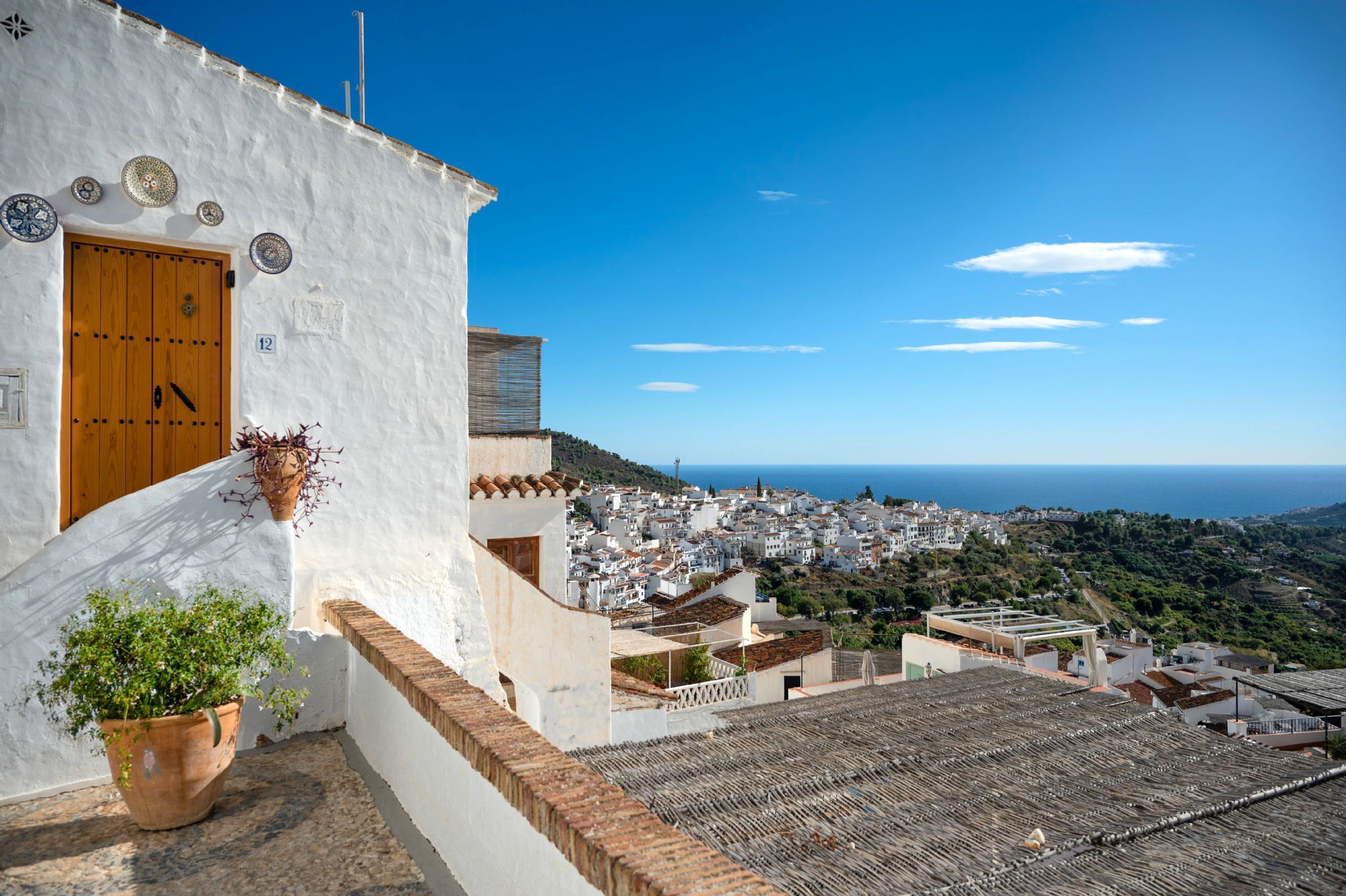 A white building with a wooden door, a potted plant, and a view of a coastal town.