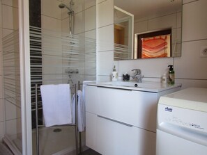 Shower, hair dryer, towels, toilet paper