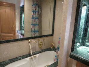 Hair dryer, bidet, towels, toilet paper