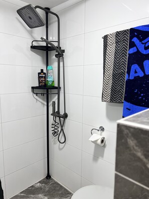 Hair dryer, towels, soap, toilet paper