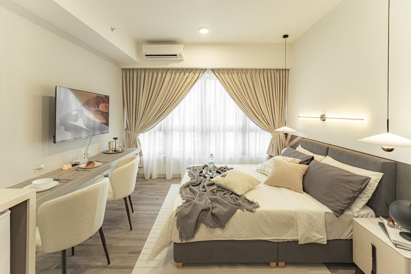 Individually furnished, desk, laptop workspace, iron/ironing board