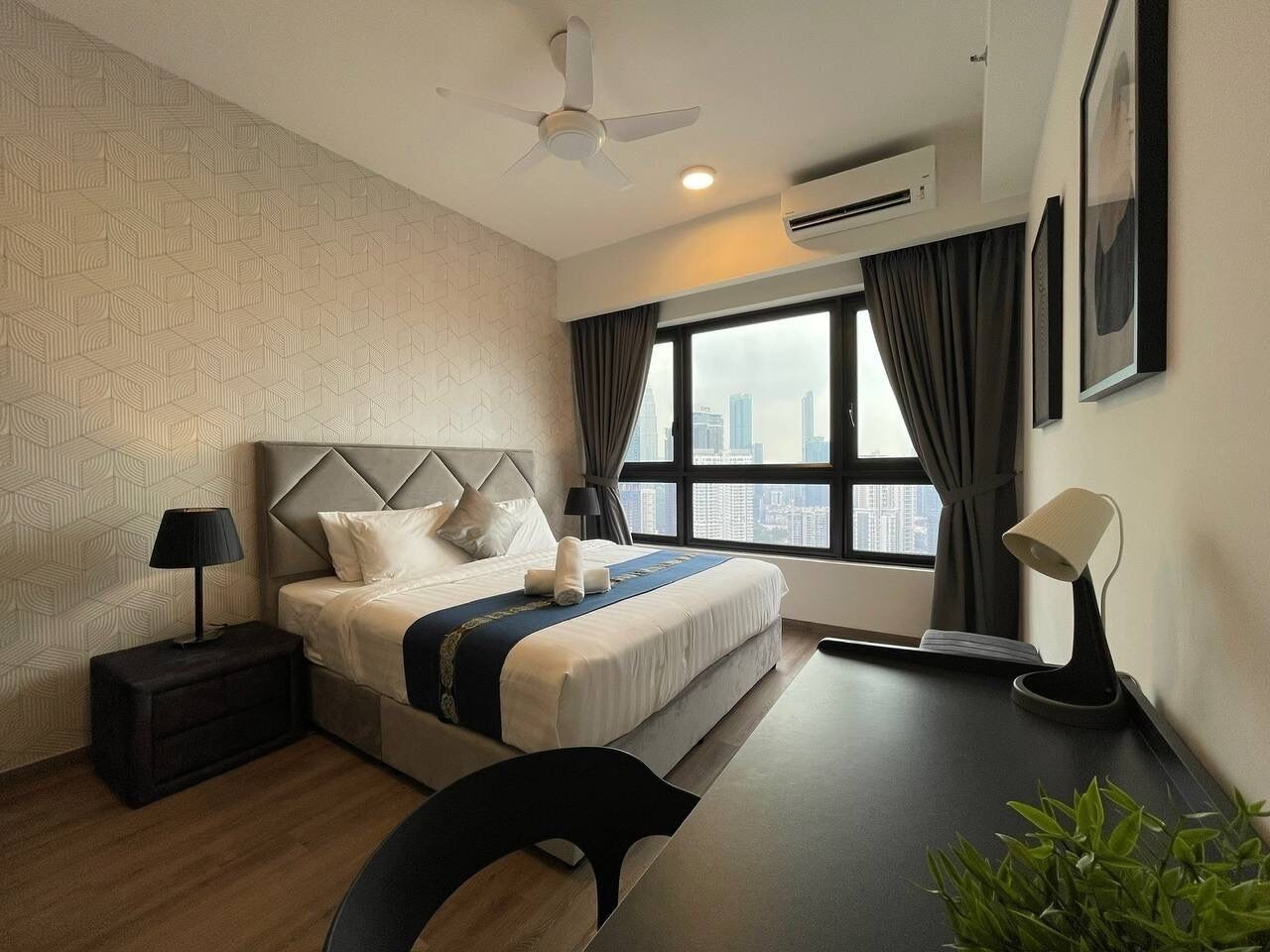 Individually furnished, desk, laptop workspace, iron/ironing board