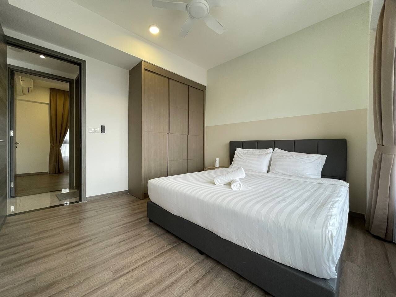 Individually furnished, desk, laptop workspace, iron/ironing board