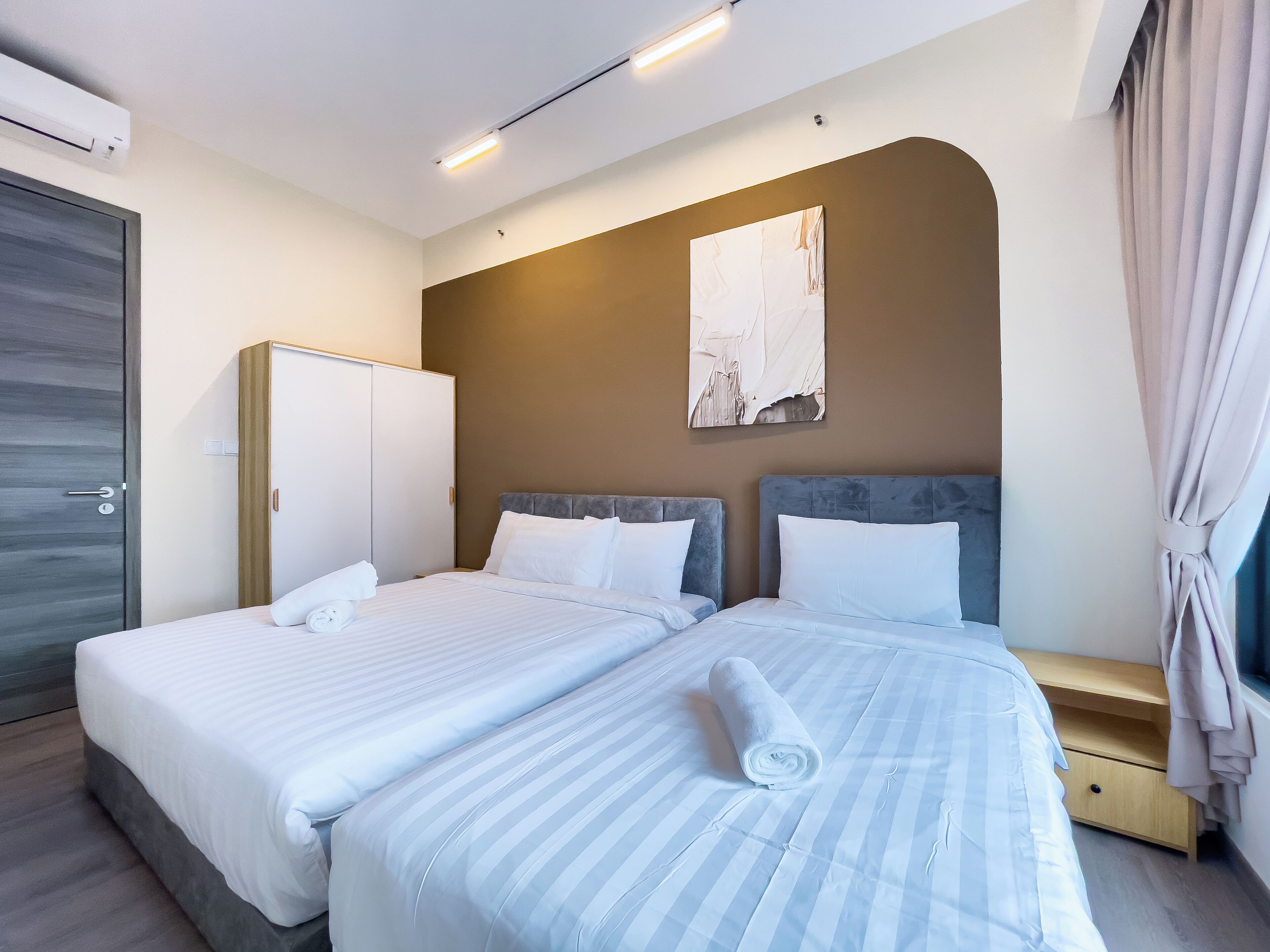 Individually furnished, desk, laptop workspace, iron/ironing board