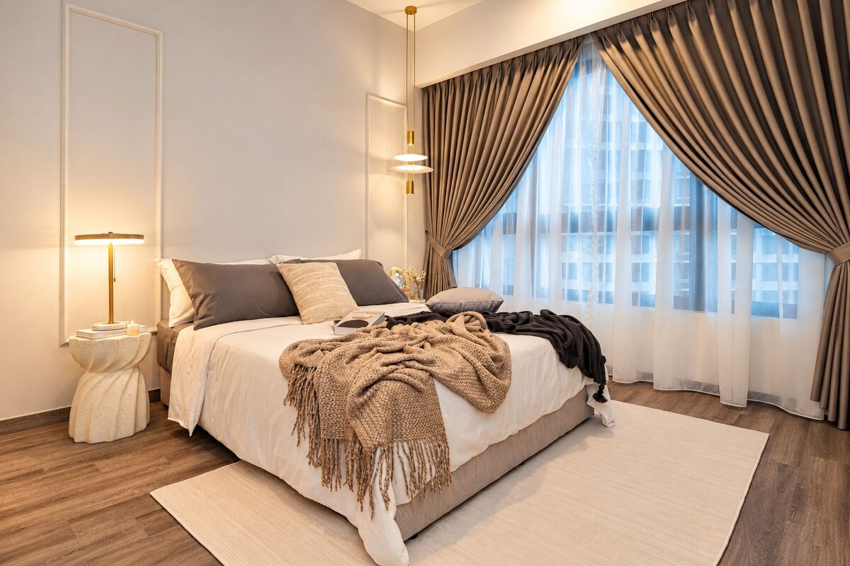 Un dormitorio moderno con una cama grande, lámparas de noche y vistas a la ciudad a través de cortinas translúcidas.