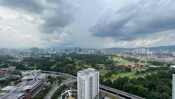 A high-rise building with a modern architectural design, surrounded by a cityscape with various buildings and a green park area.