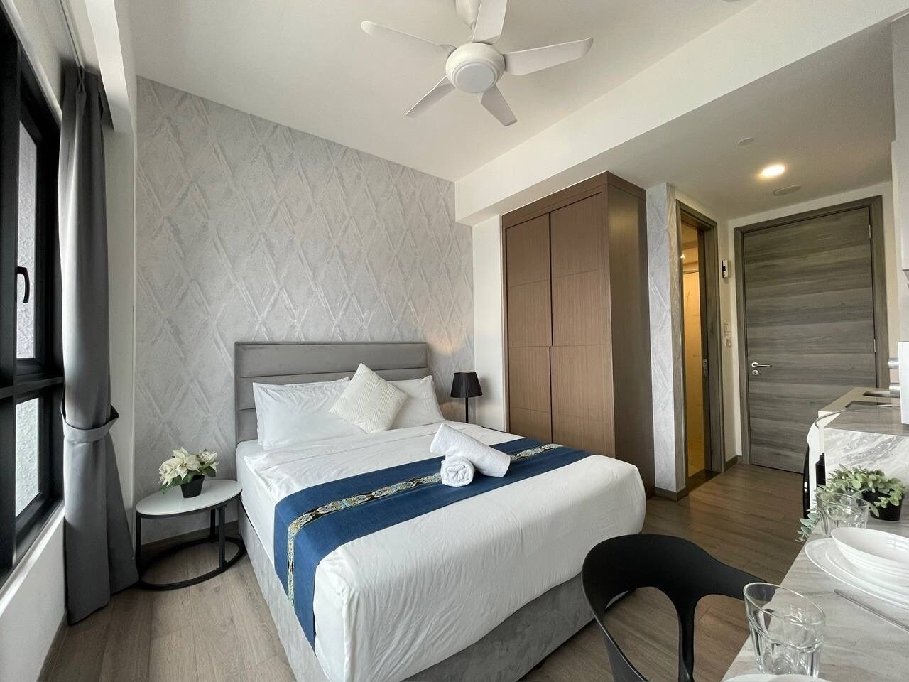 Individually furnished, desk, laptop workspace, iron/ironing board