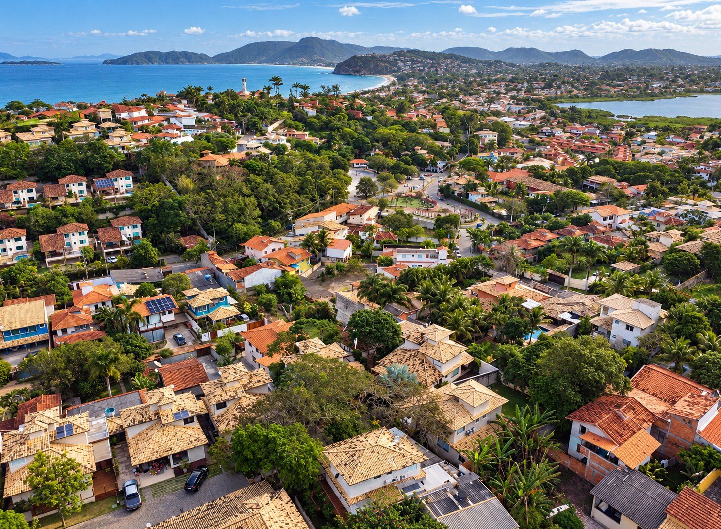 A coastal town with a mix of residential buildings and greenery, a clear view of the sea, and a hilly landscape in the distance.