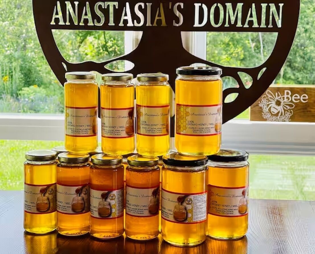 Pots de mel sobre una taula amb un senyal que diu "Anastasia's Domain" i un logotip de la col·laboració d'una abella.