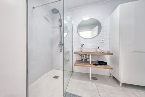 Shower, hair dryer, towels
