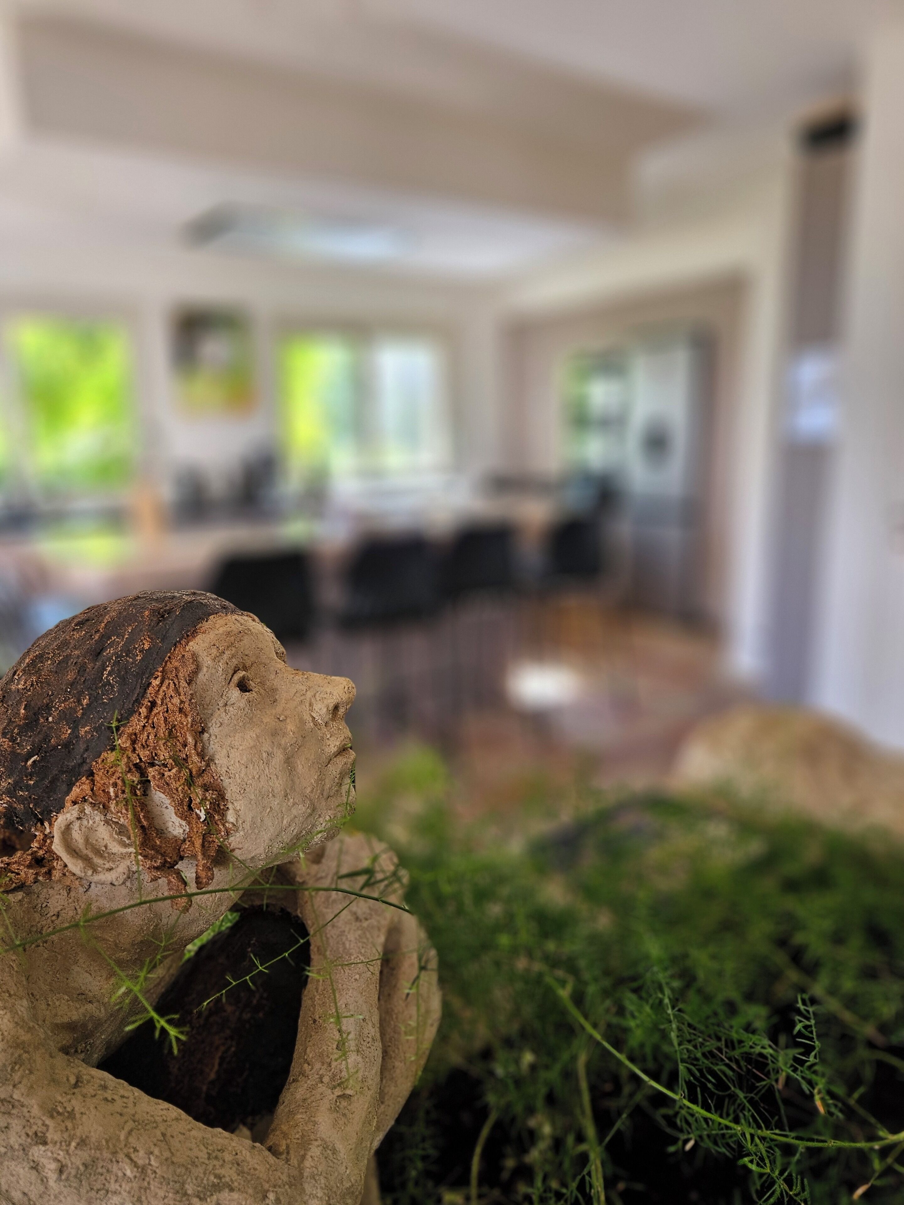 Una scultura in pietra rustica con muschio in un ambiente interno moderno.
