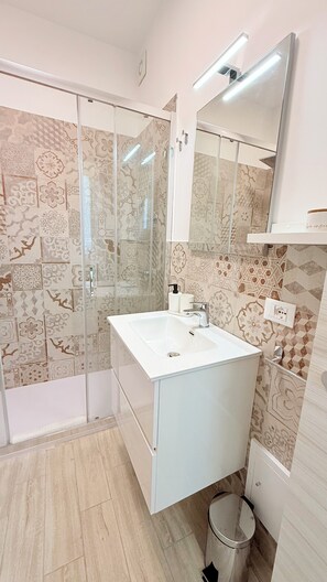 Shower, hair dryer, bidet, towels