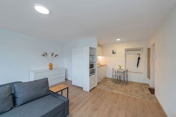 A compact living space with a sofa, a dining table, a kitchen area, and a wardrobe.