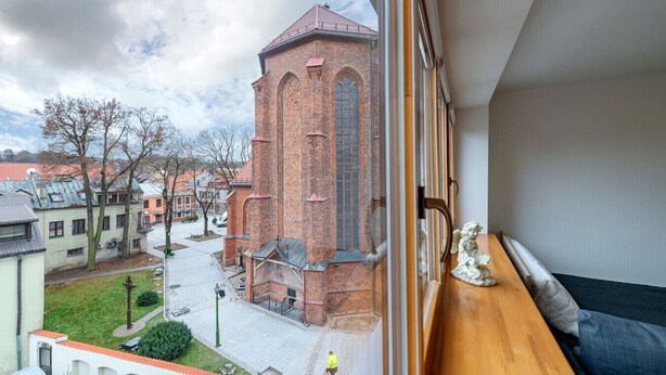 A room with a view of a brick building, a window sill, and a statue.