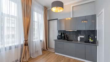 Fridge, microwave, stovetop, coffee/tea maker