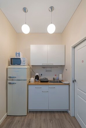 Kühlschrank, Mikrowelle, Herdplatte, Wasserkocher mit Kaffee-/Teezubehör