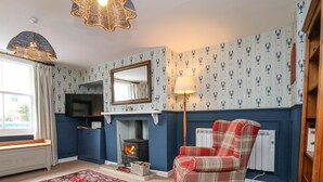 A cozy living room with a fireplace, a plaid armchair, a patterned rug, and a television. - Sunny Side (Saltburn-by-the-Sea)