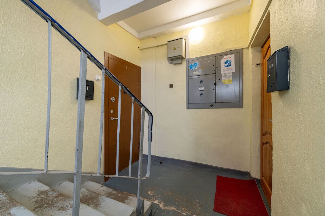 A hallway with a wooden door, a metal staircase, a red carpet, and a utility box with a warning sign.