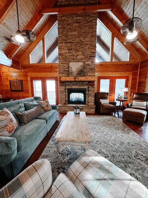 Smart TV, fireplace, books