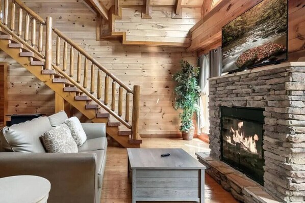 Smart TV, fireplace, video games, DVD player