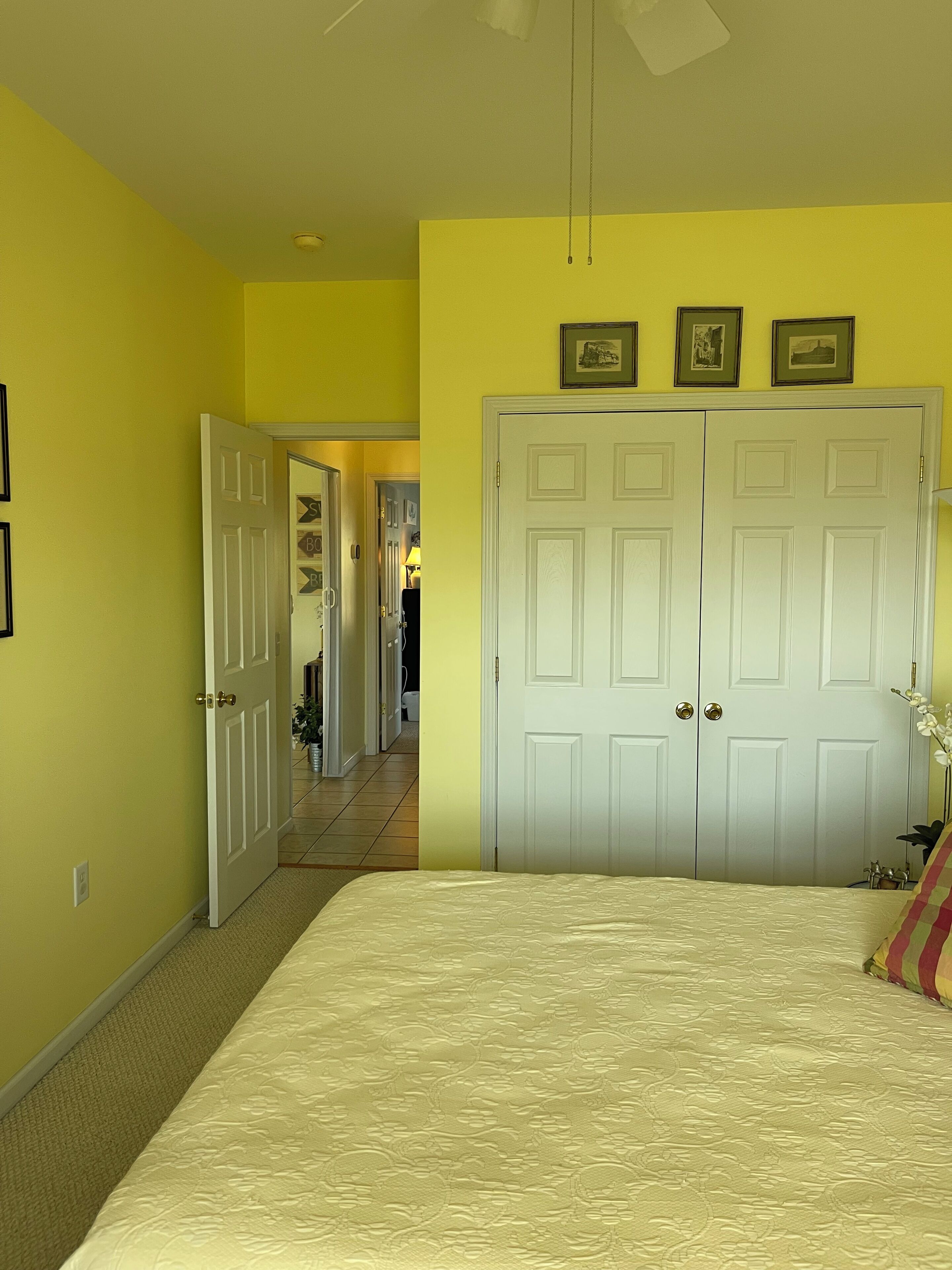 Un dormitorio con una cama grande, un armario con puertas dobles y un pasillo que lleva a otra habitación.
