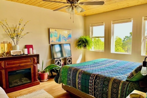 Bedroom with electric fireplace heater and tv monitor.