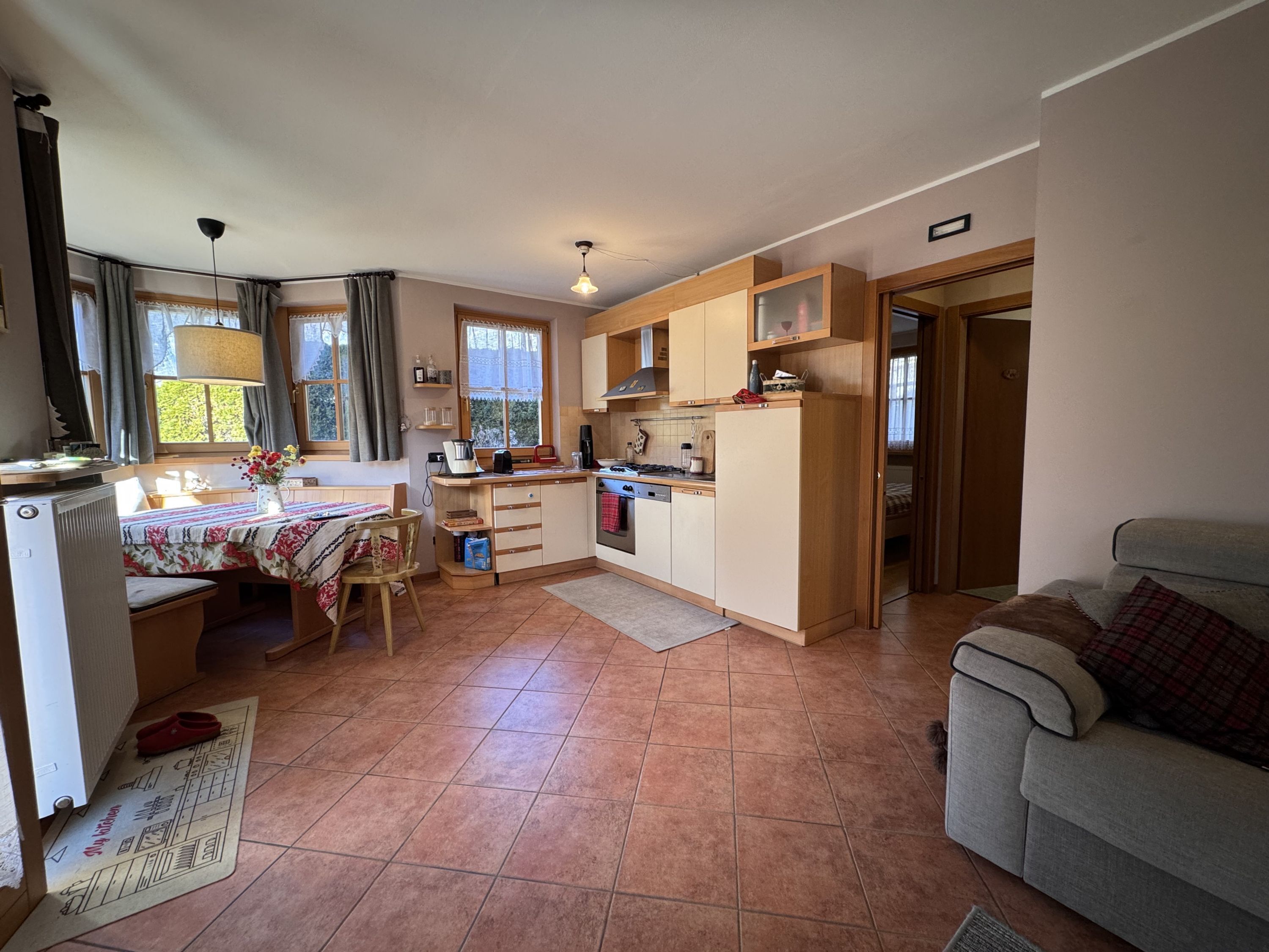 A compact kitchen with a dining area, a sofa, and a radiator.