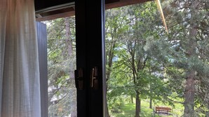A window with a view of a grassy area with trees and a bench. - 033 Trilocale Carisolo (Carisolo)