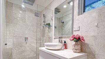 Hair dryer, bidet, towels, soap