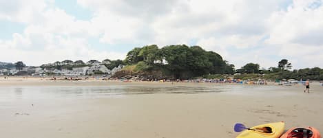 A beach with kayaks and a forested hill in the background.