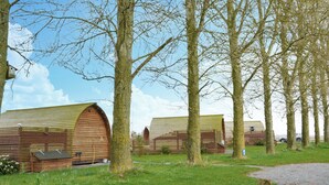 A row of wooden cabins with sloped roofs, surrounded by trees and a grassy area.