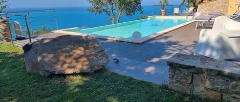 A swimming pool with a view of the ocean, surrounded by grass and rocks.