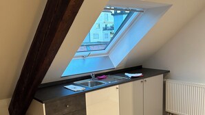 A kitchen with a skylight, wooden floor, and a view of buildings outside. - Salutho (Selestat)