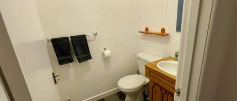 Une petite salle de bain avec des toilettes, un lavabo et une douche. Deux serviettes noires sont suspendues à un porte-serviettes.