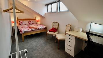 Desk, bed sheets