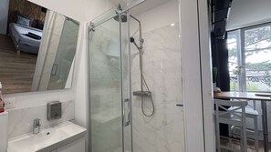 Shower, hair dryer, towels